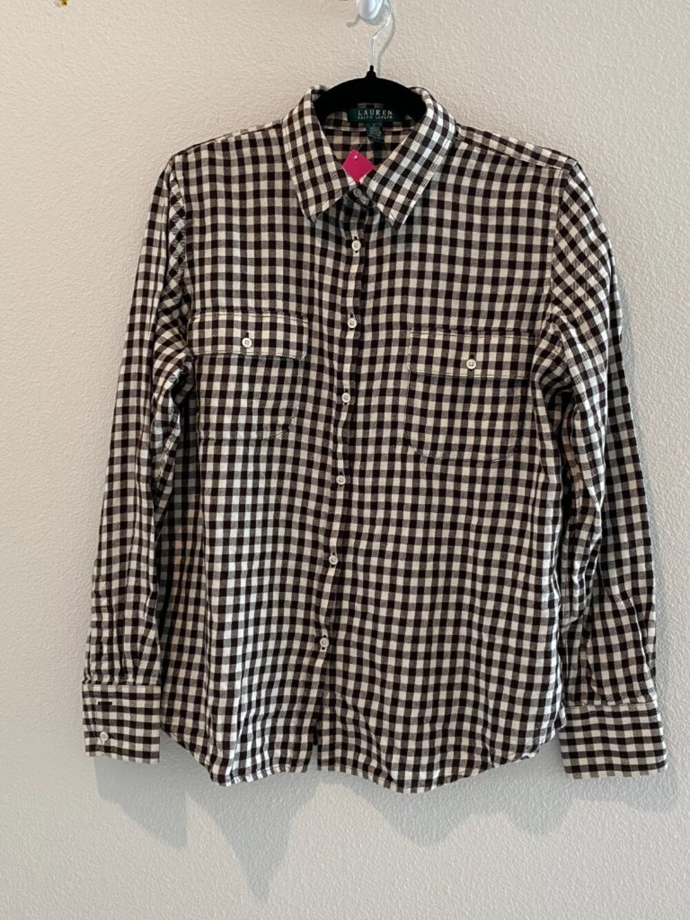 Lauren Ralph Lauren Gingham Button Down Shirt Women Large Brown White